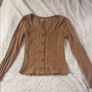 Aeropostale Tan Ribbed Fitted Button Down Shirt